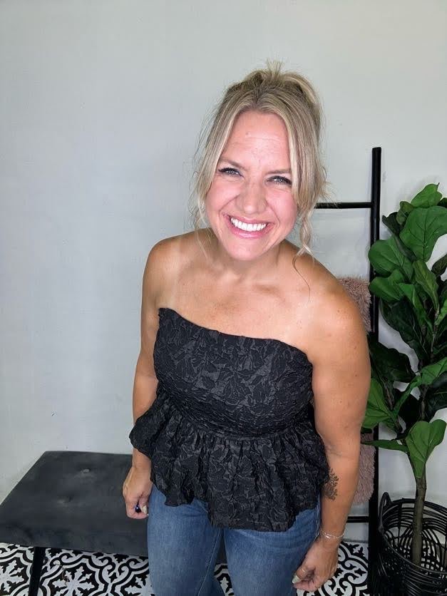 black strapless peplum top