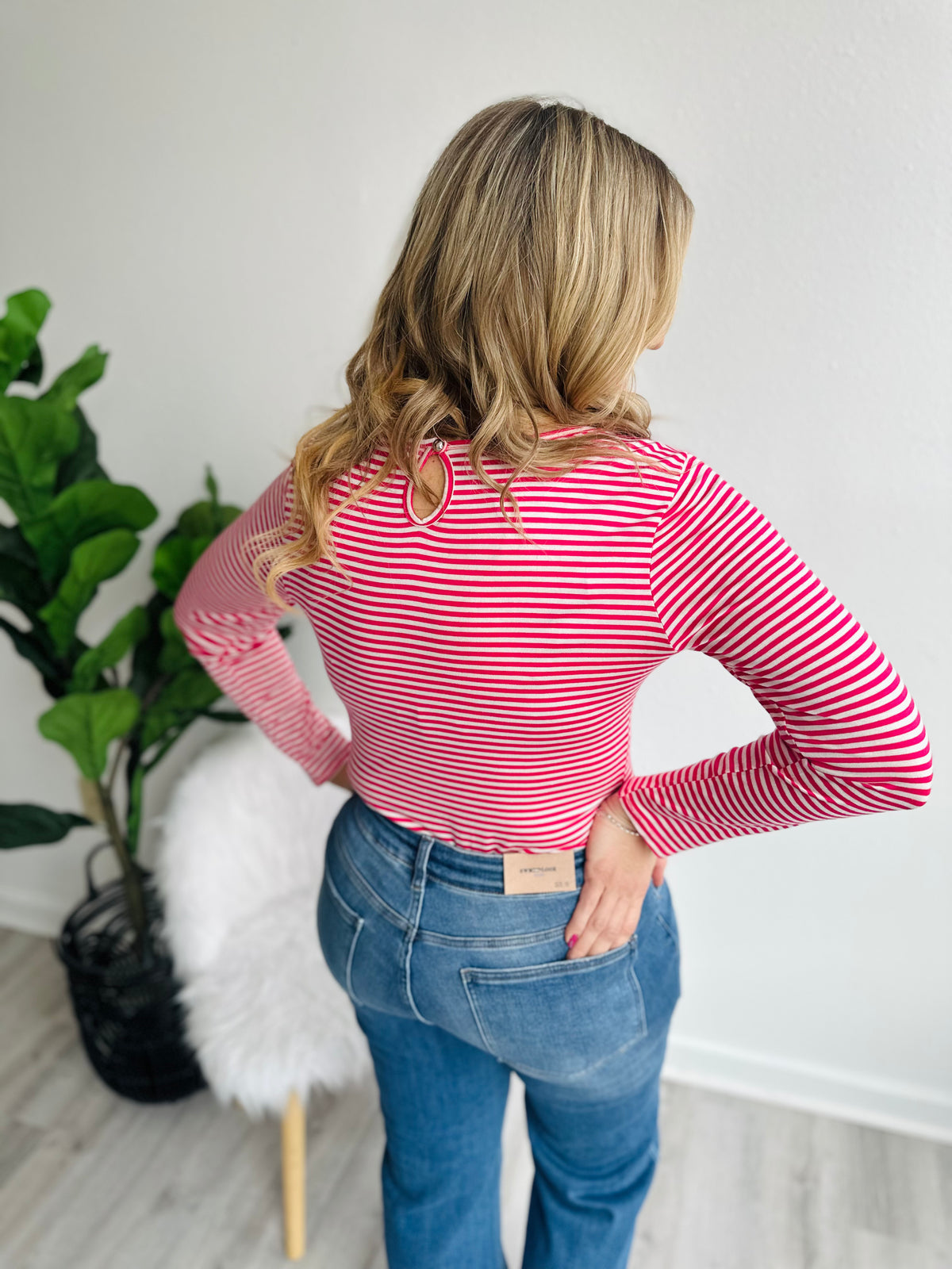 Stripe Button Back Top - Fuchsia