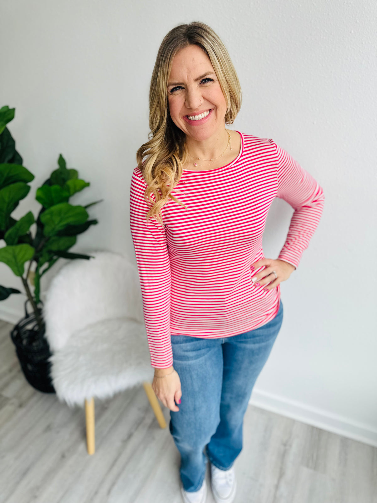 Stripe Button Back Top - Fuchsia