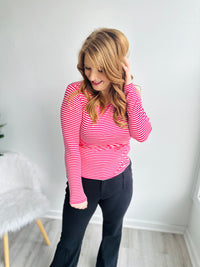 Stripe Button Back Top - Fuchsia