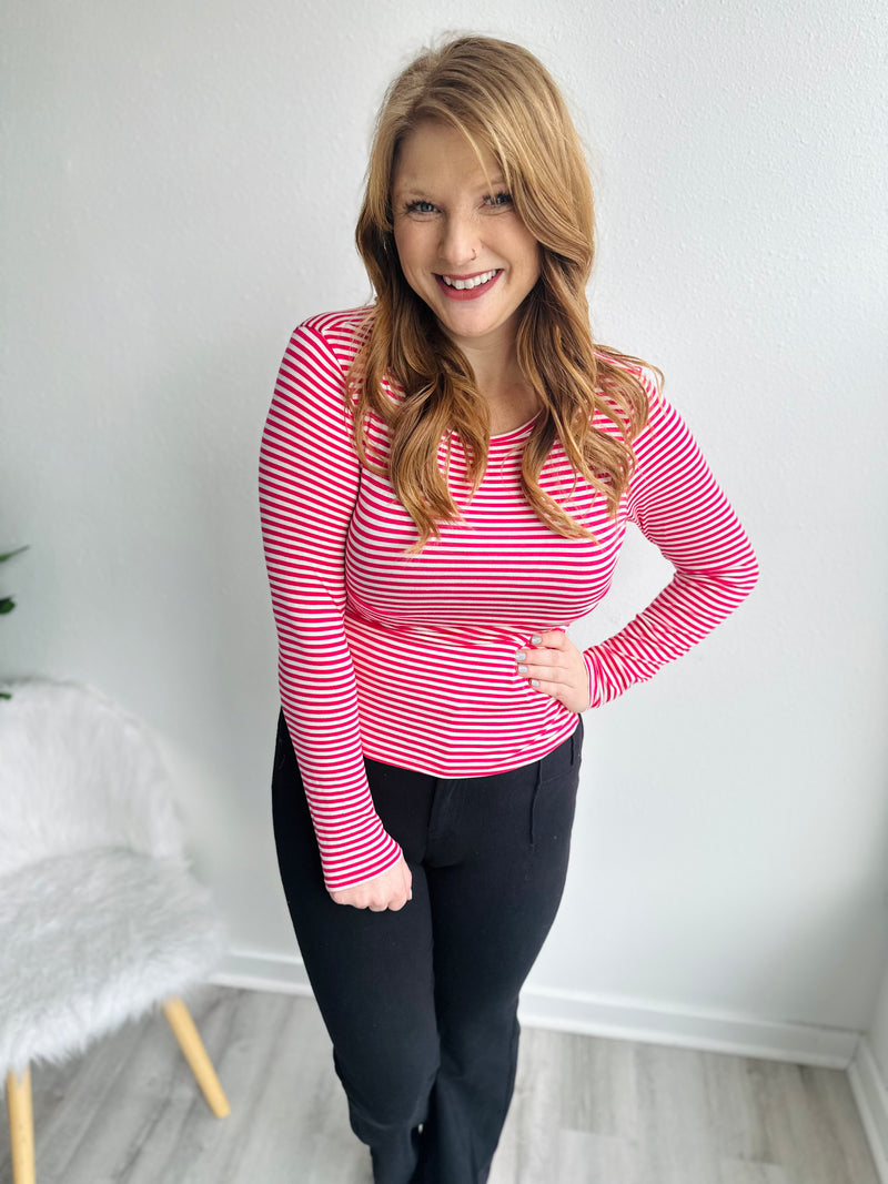 Stripe Button Back Top - Fuchsia