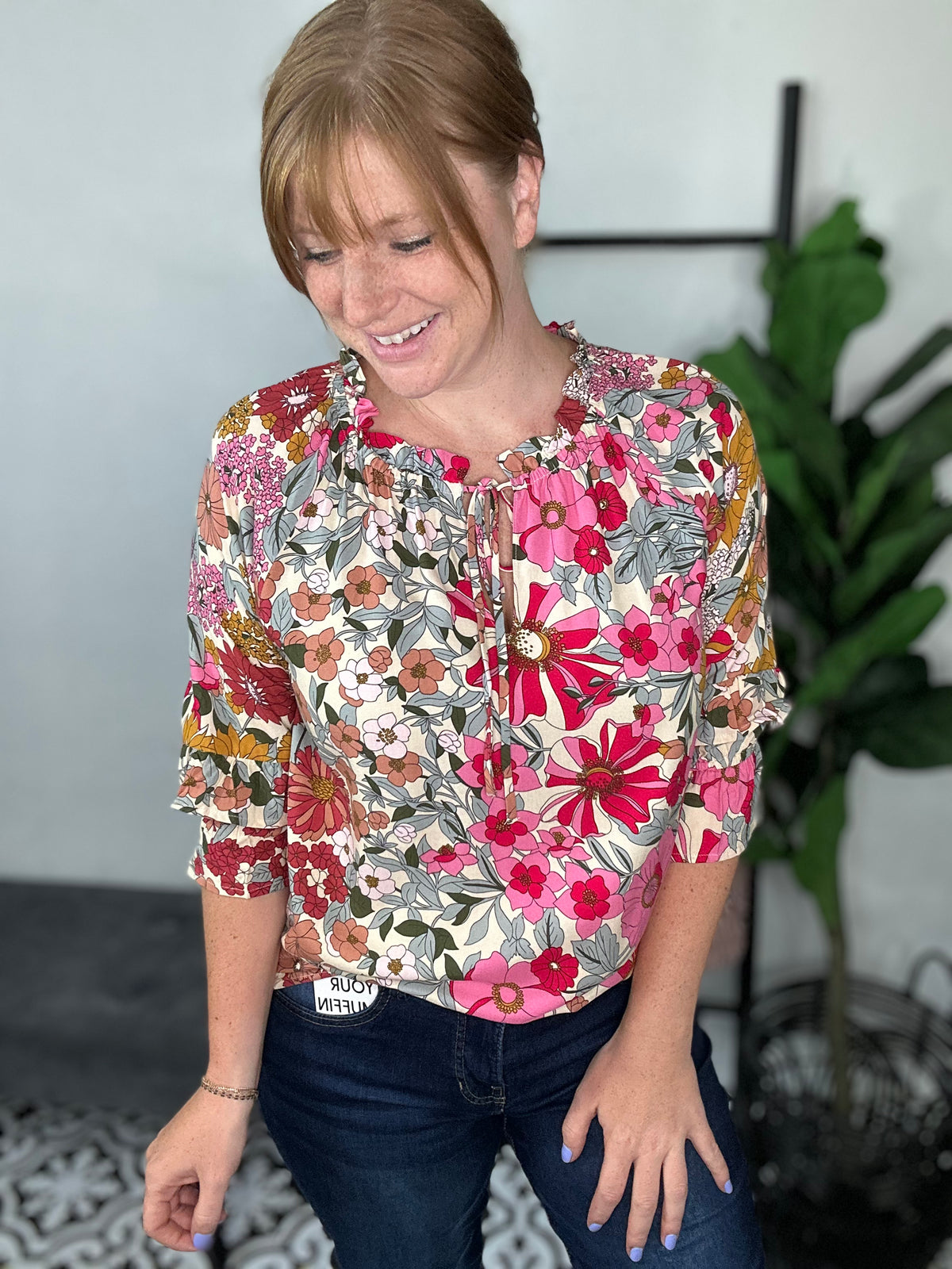 Boho Blush Floral Peasant Top