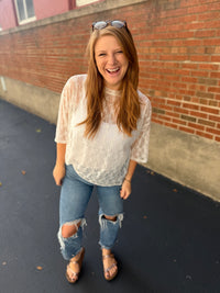 Cream Floral Mesh Short Sleeve Top