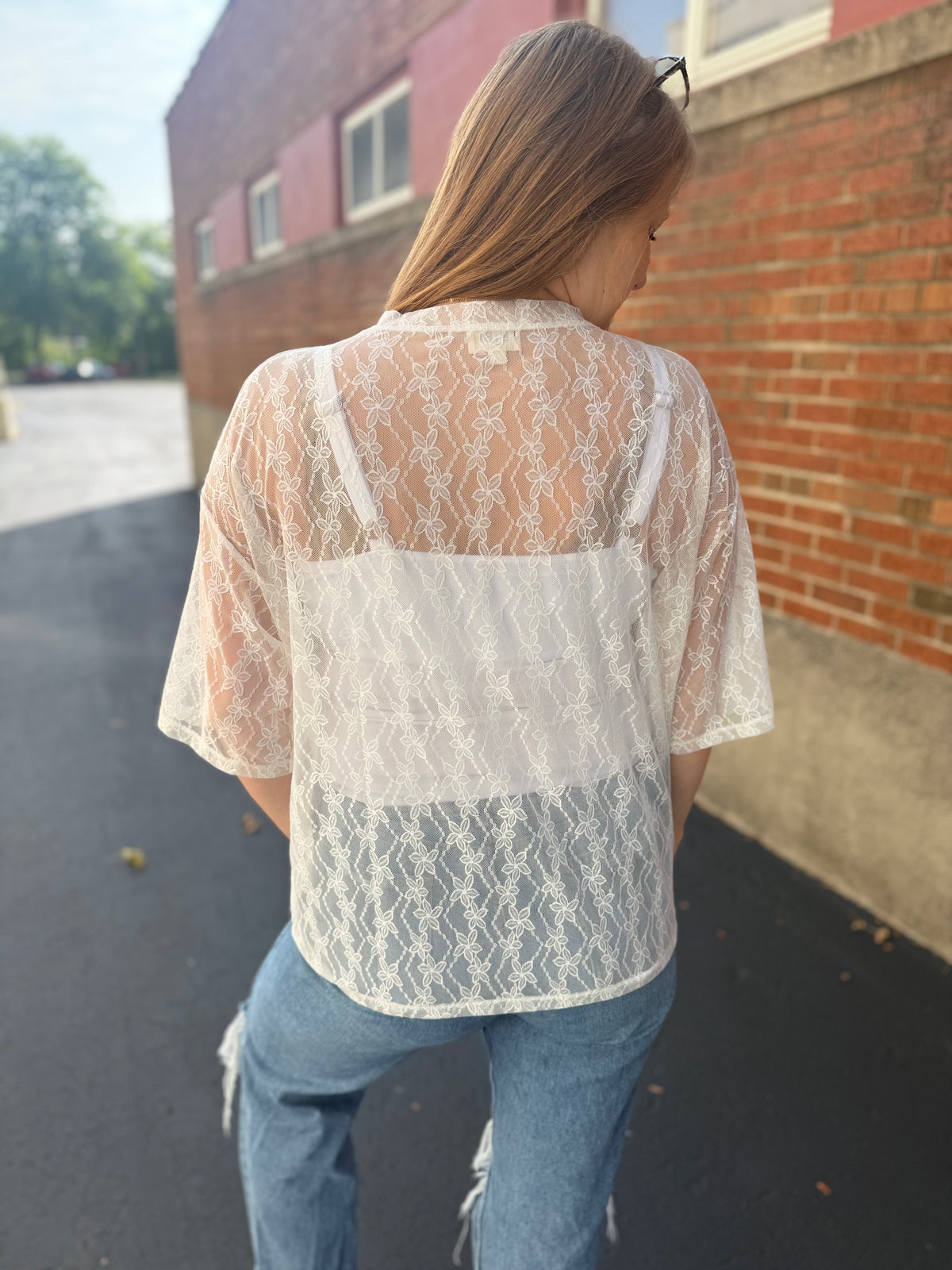 Cream Floral Mesh Short Sleeve Top
