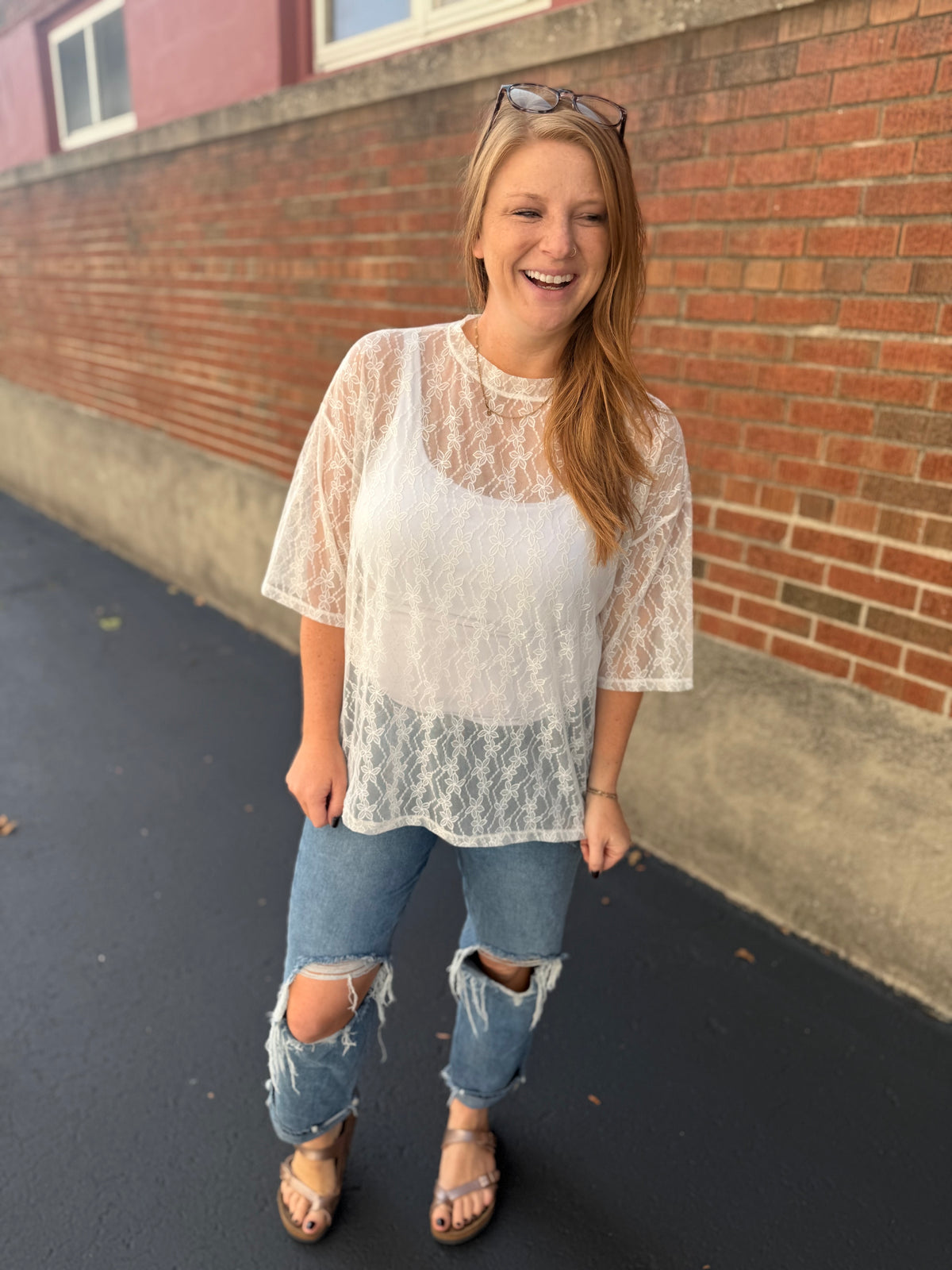 Cream Floral Mesh Short Sleeve Top