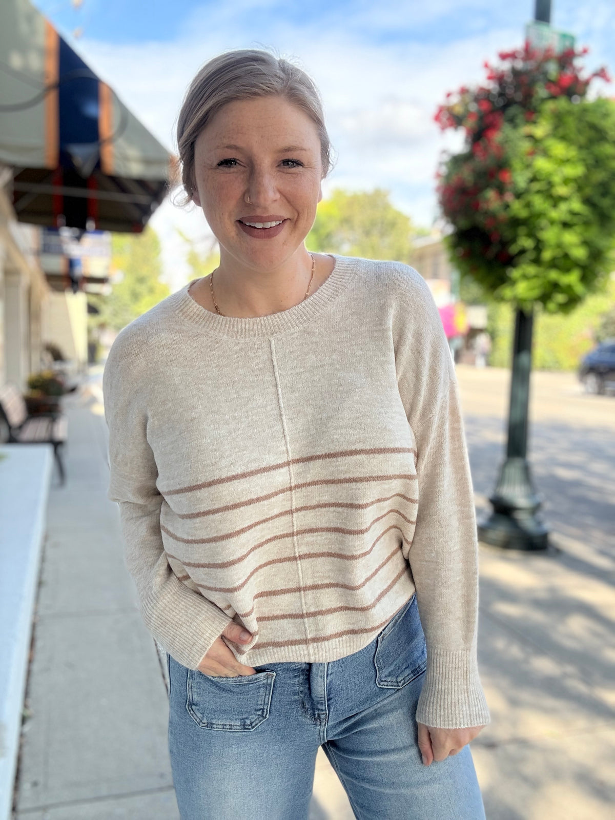 Oatmeal Stripe Front Seam Sweater