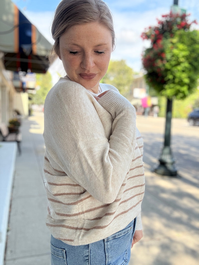 Oatmeal Stripe Front Seam Sweater