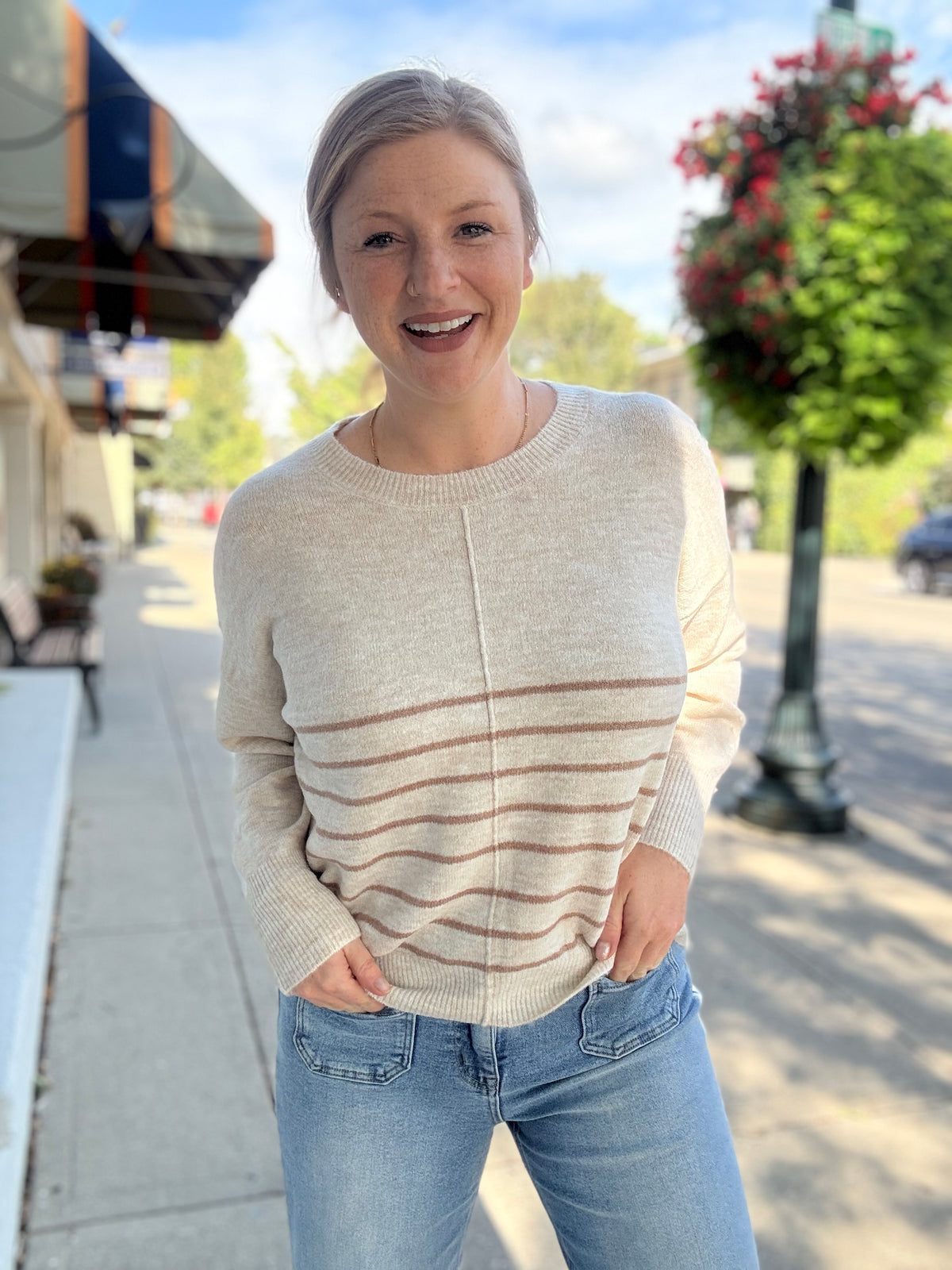 Oatmeal Stripe Front Seam Sweater