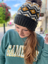 Green & Mustard Design Pom Hat
