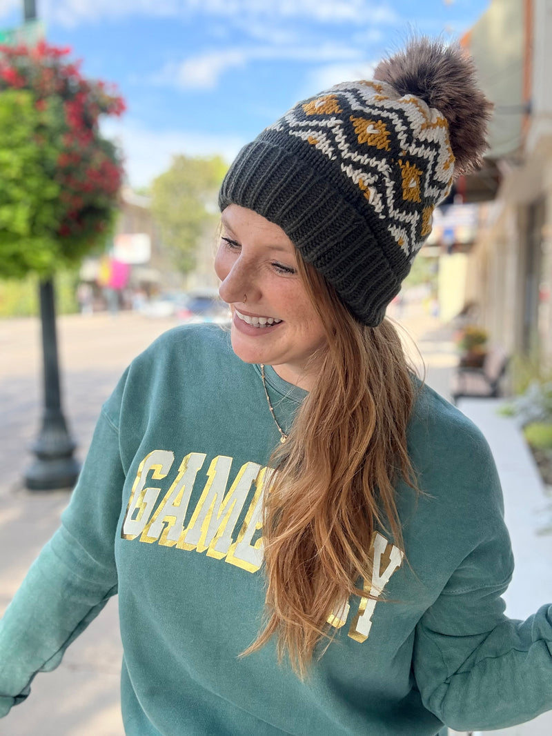 Green & Mustard Design Pom Hat