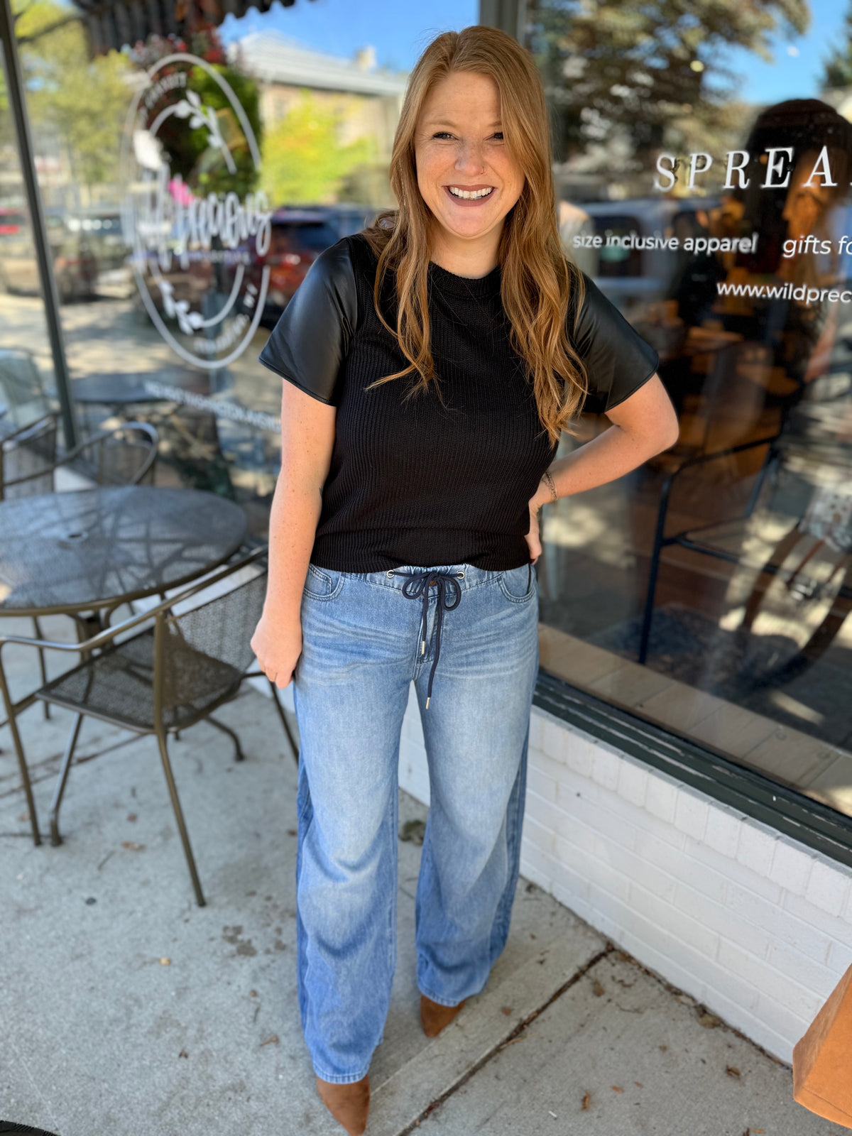 Ribbed Faux Leather Sleeve Top