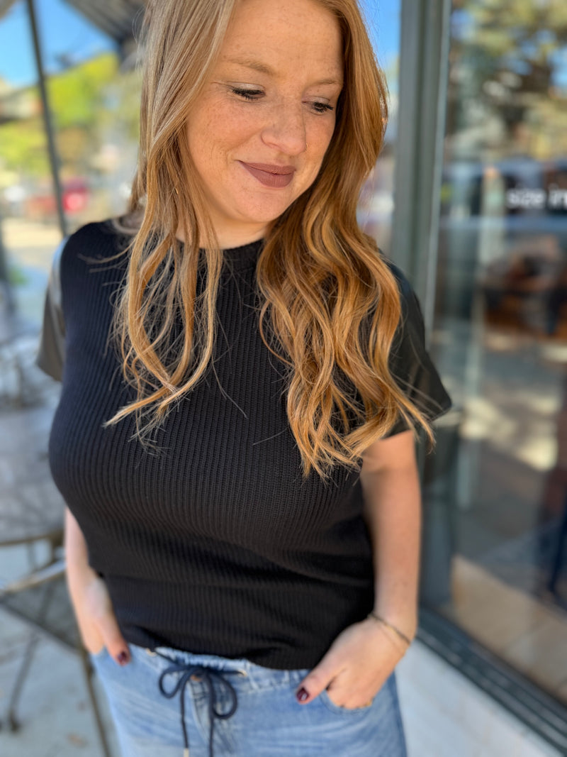 Ribbed Faux Leather Sleeve Top