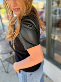 Ribbed Faux Leather Sleeve Top