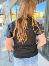 Ribbed Faux Leather Sleeve Top