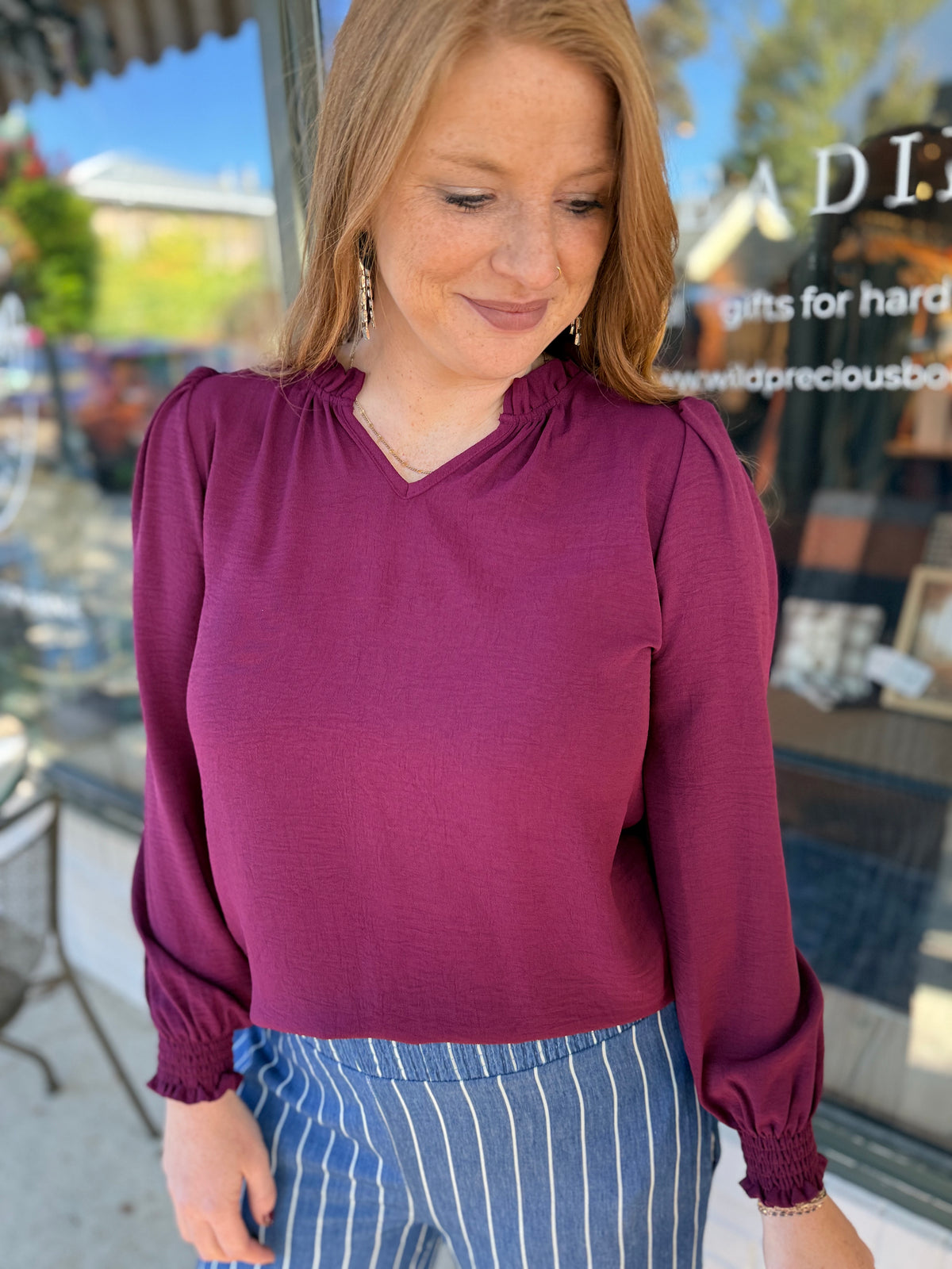 Crimson Ruffle Neck Long Sleeve