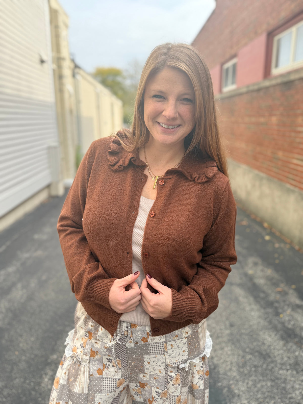 Chestnut Ruffle Collar Cardigan