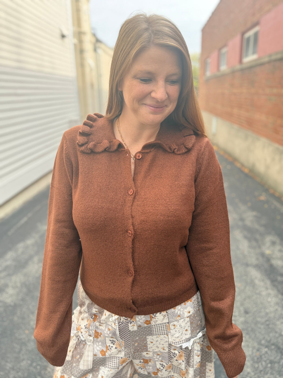 Chestnut Ruffle Collar Cardigan