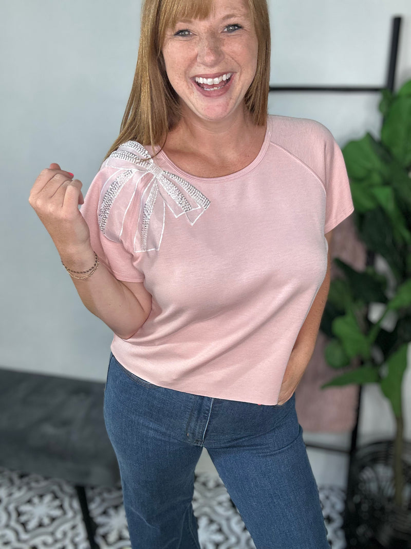 Blush Pink Pearl Bow Top