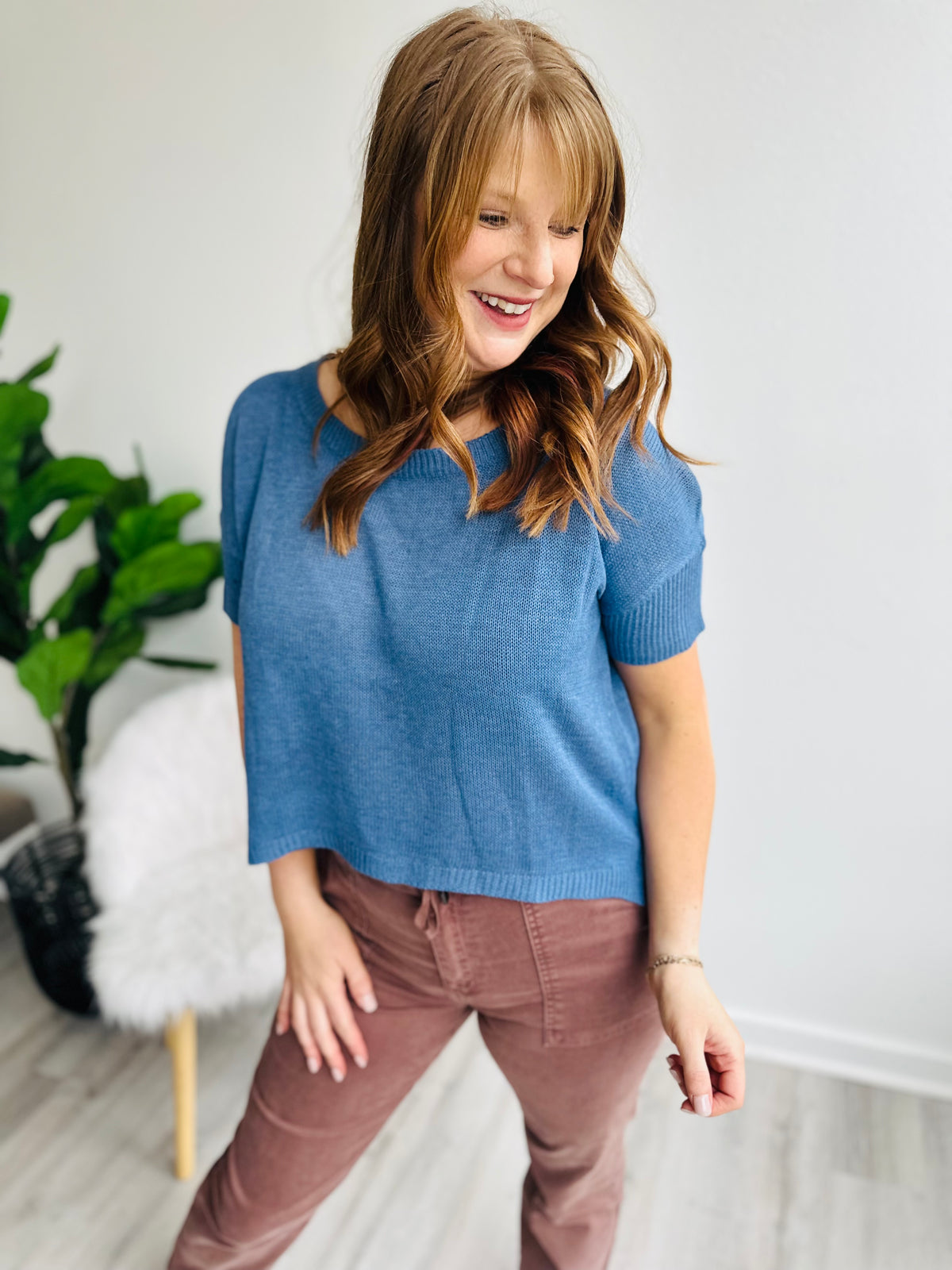 Hazy Blue Boatneck Knit Top