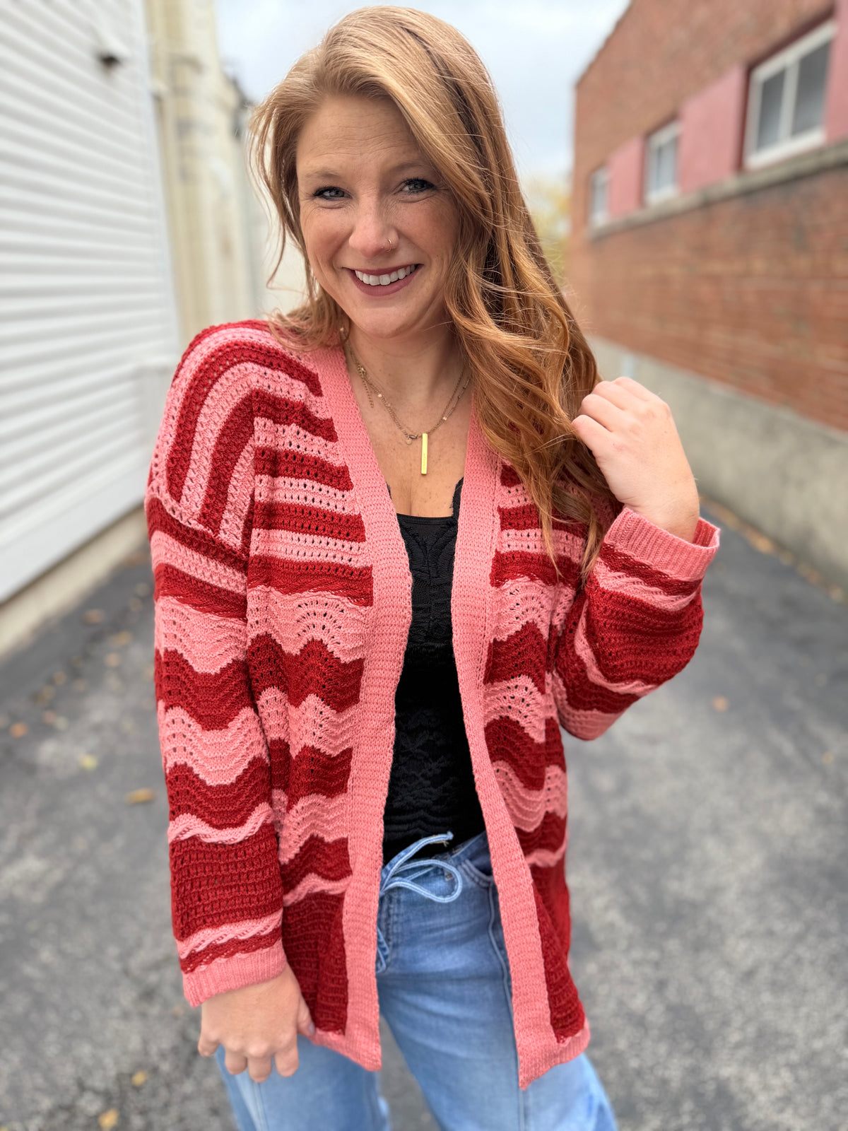 Wine Striped Pocket Cardigan