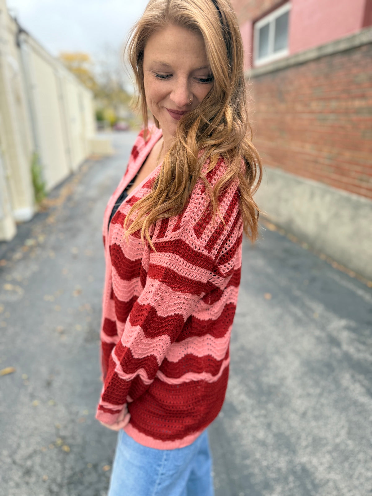 Wine Striped Pocket Cardigan