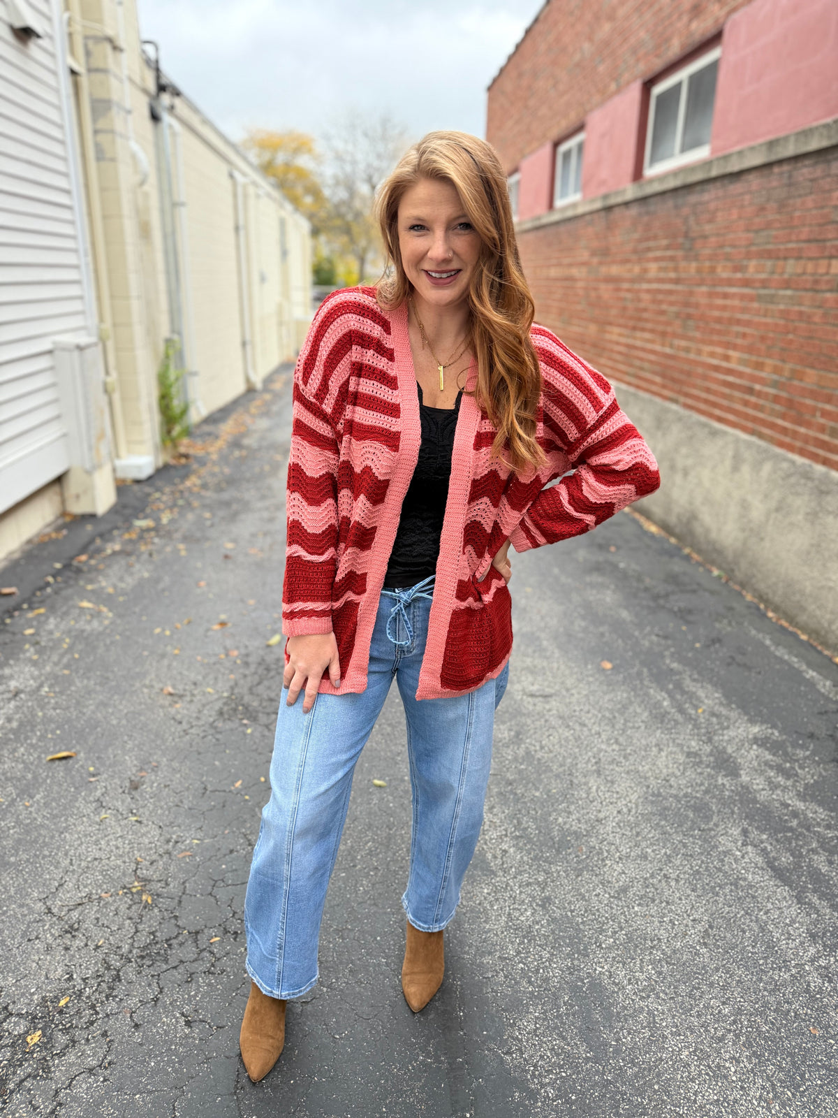 Wine Striped Pocket Cardigan