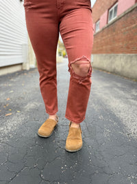 Copper Distressed High Rise Slim Fit Jeans