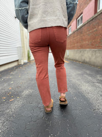 Copper Distressed High Rise Slim Fit Jeans