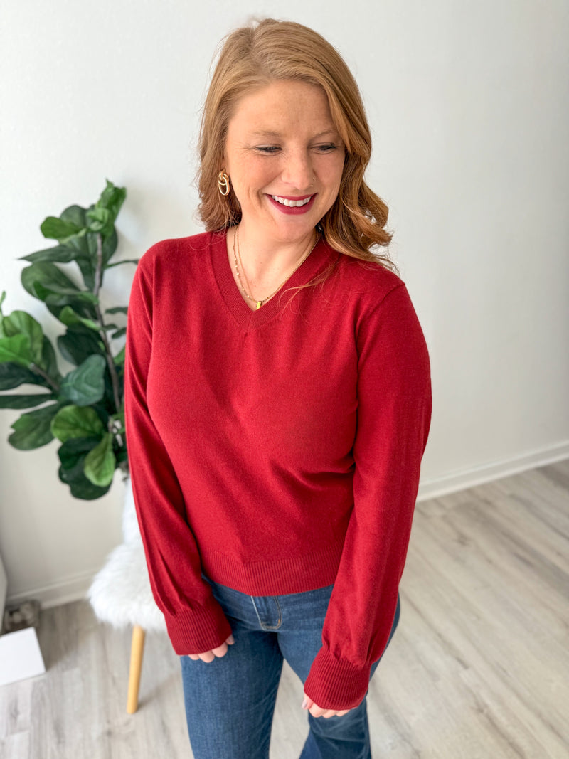 Deep Red V-Neck Sweater