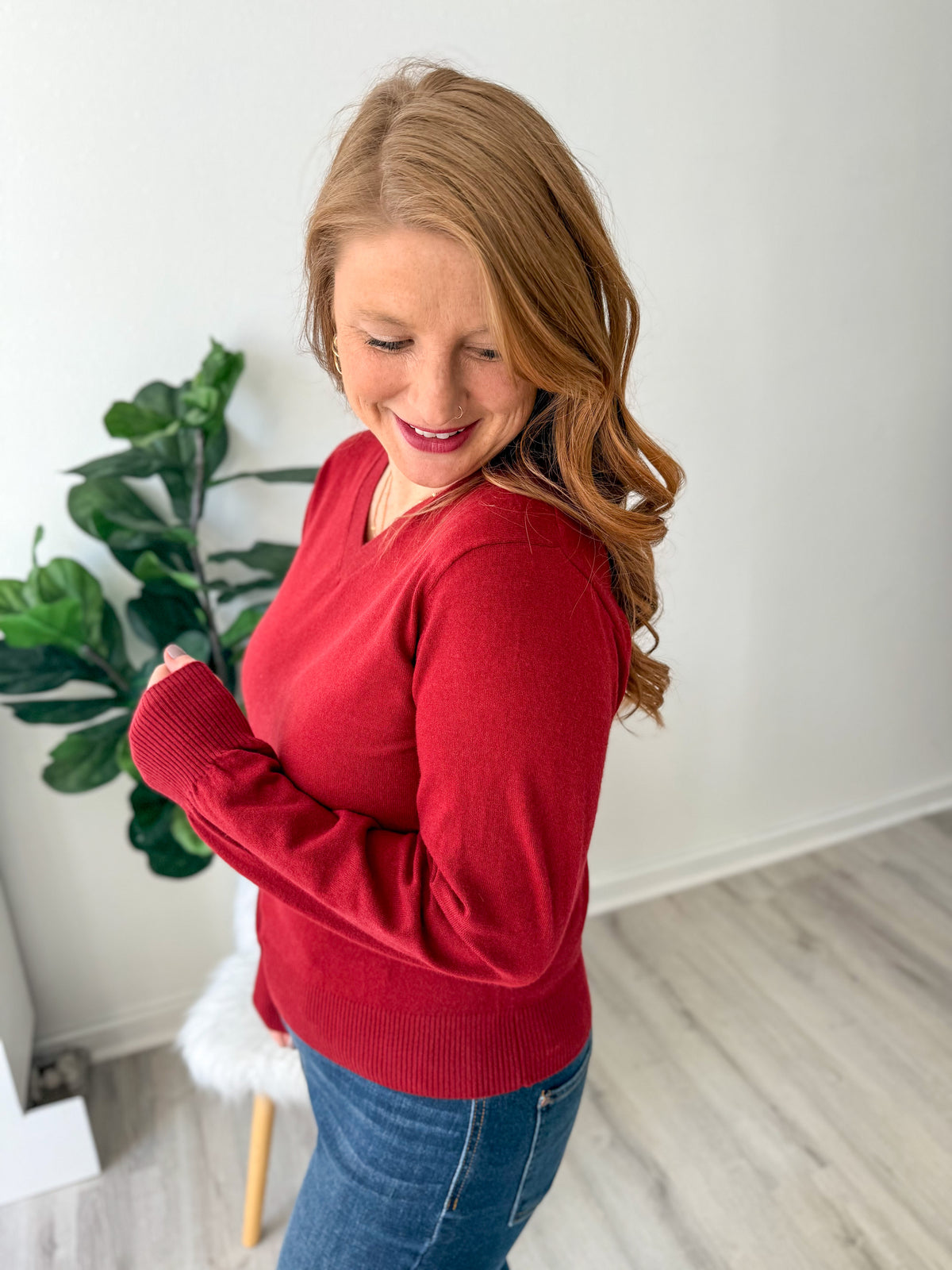 Deep Red V-Neck Sweater