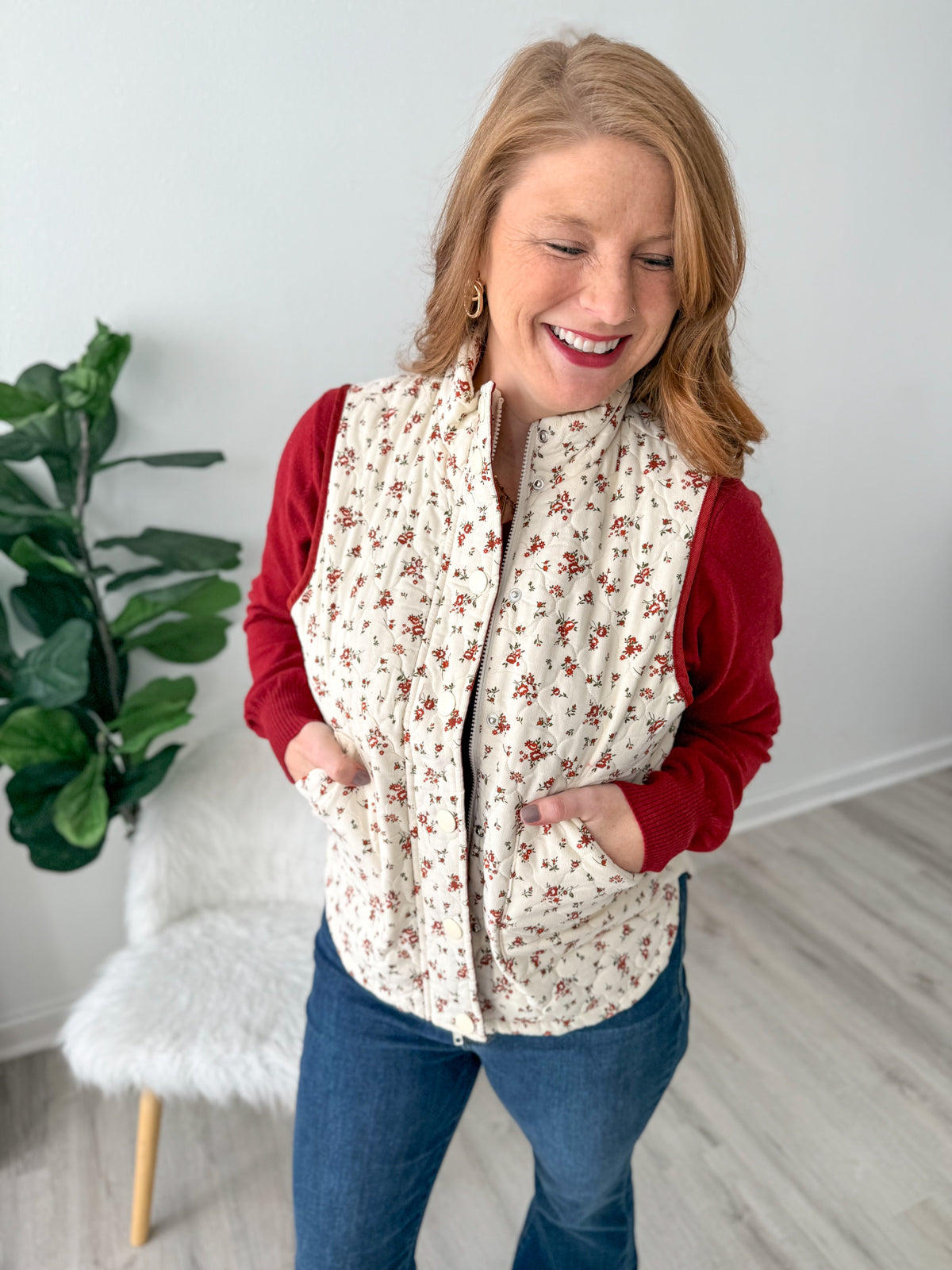 Cream Quilted Floral Puffer Vest