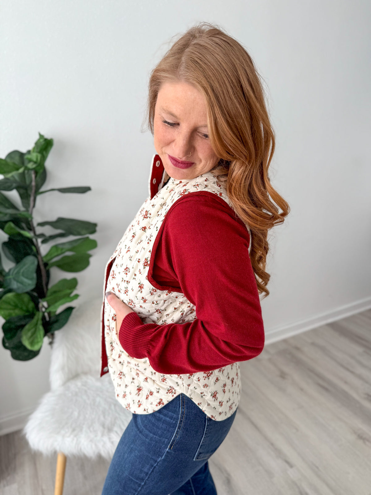 Cream Quilted Floral Puffer Vest