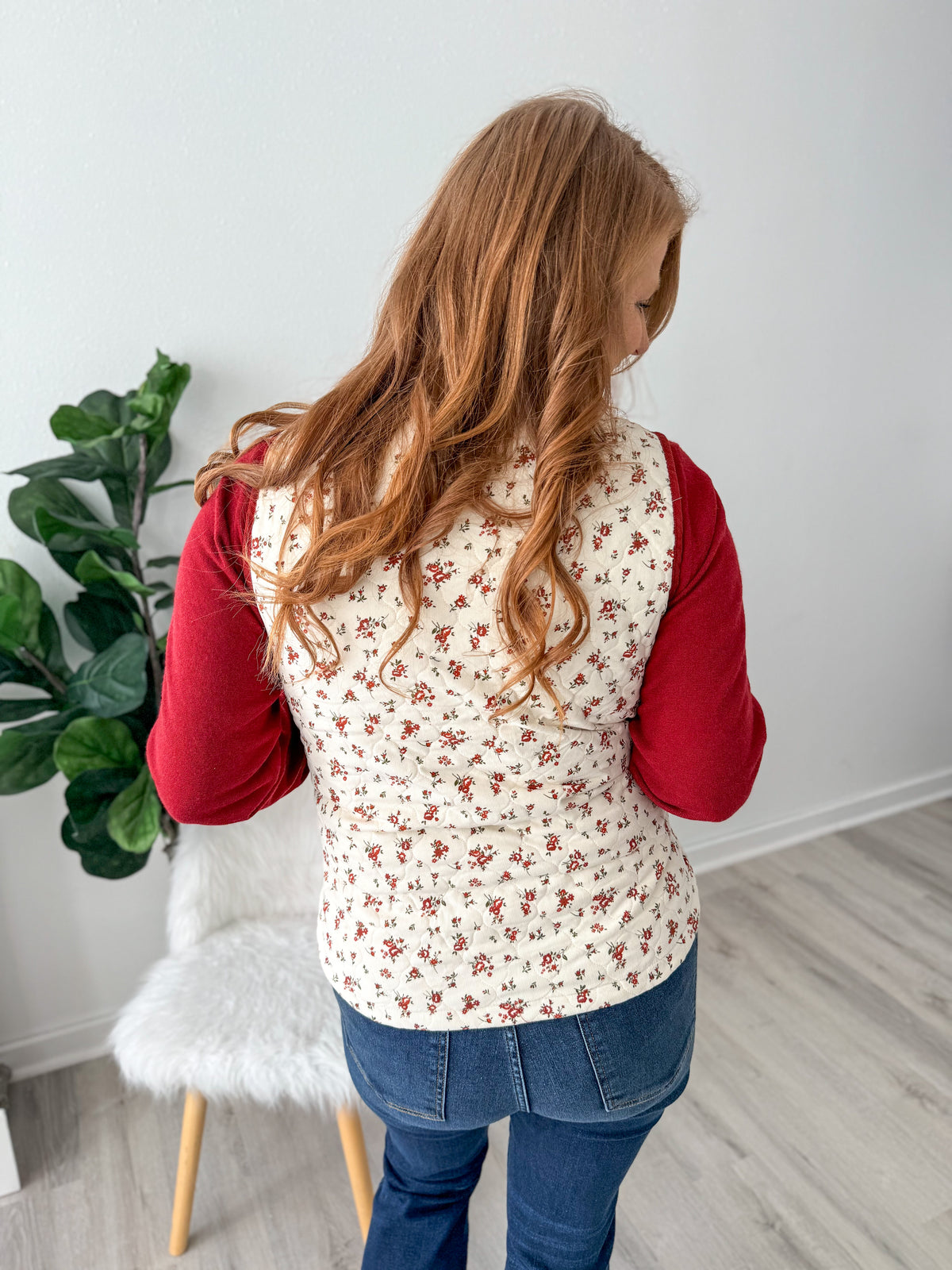 Cream Quilted Floral Puffer Vest