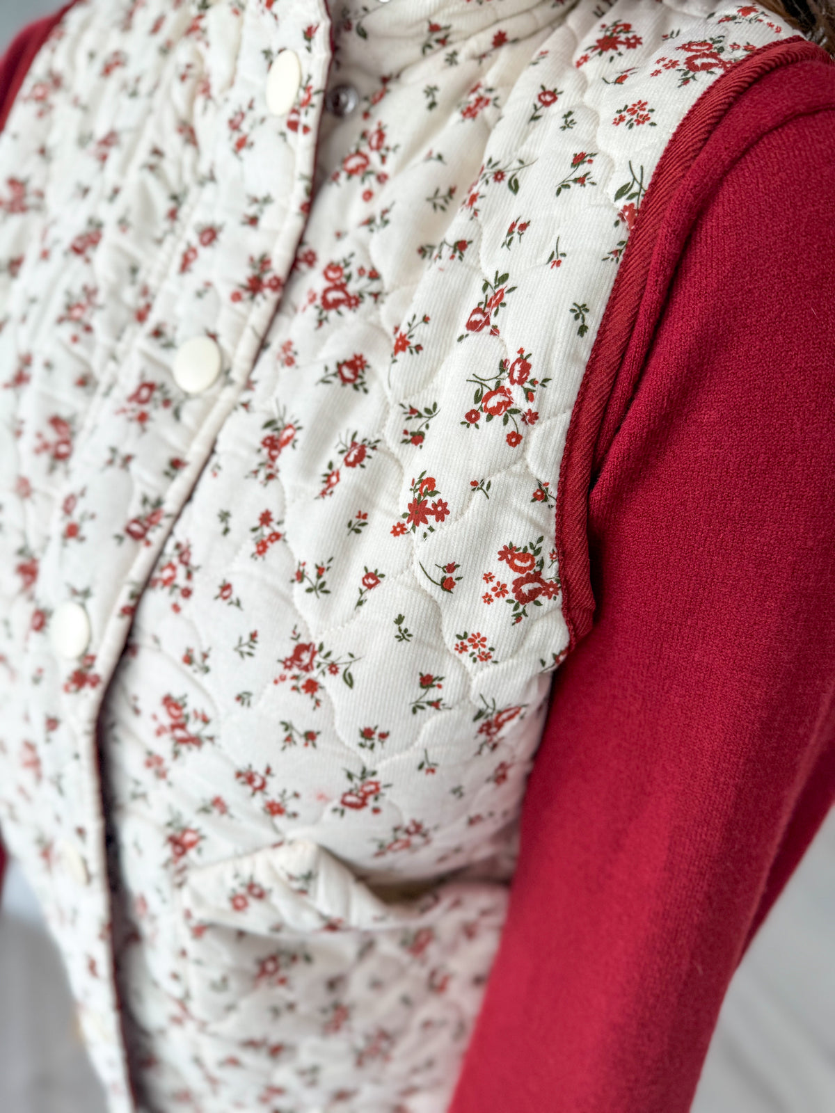 Cream Quilted Floral Puffer Vest