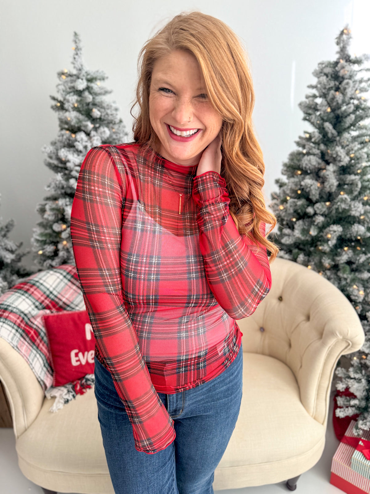 Holiday Plaid Sheer Top
