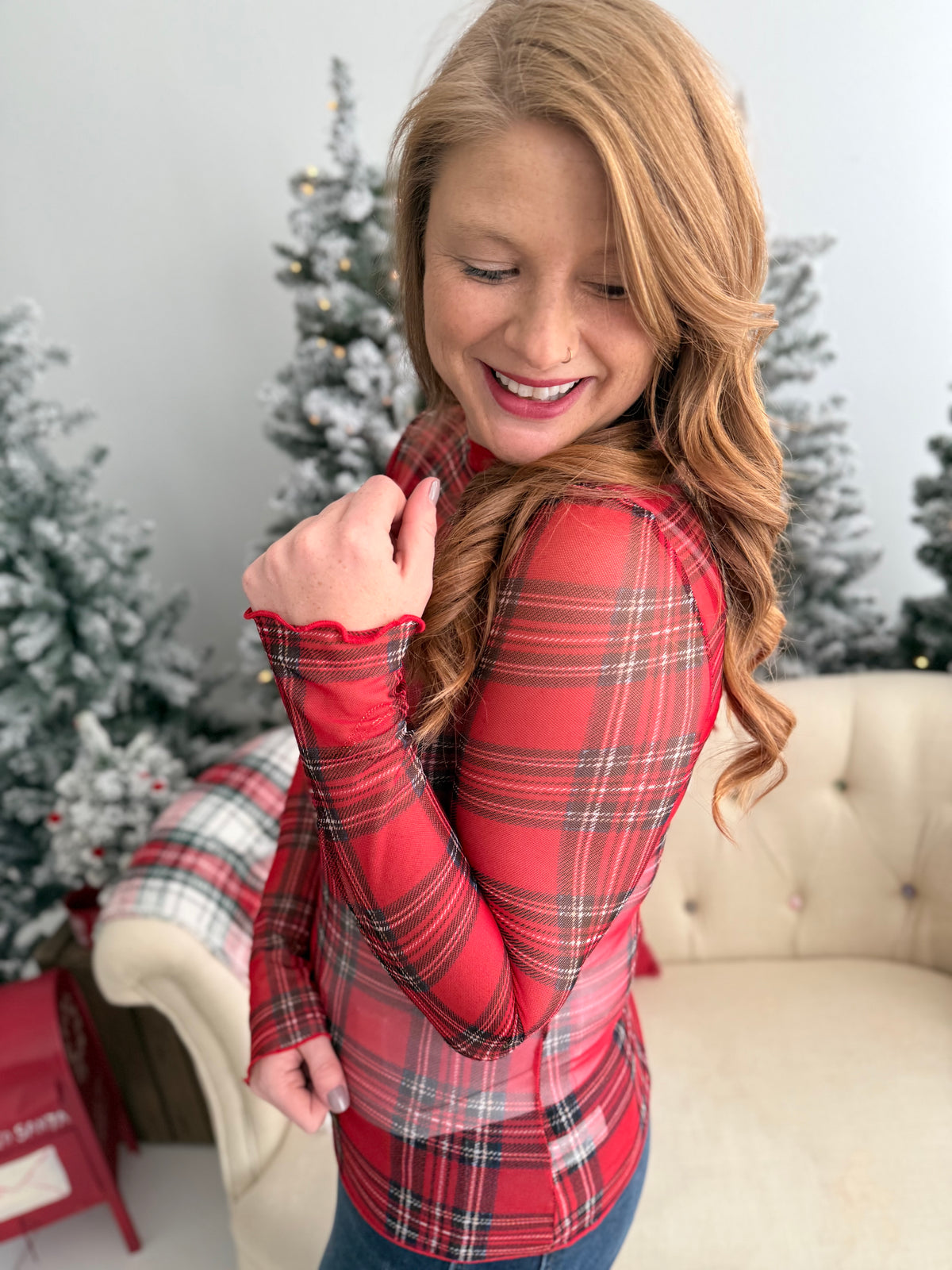 Holiday Plaid Sheer Top
