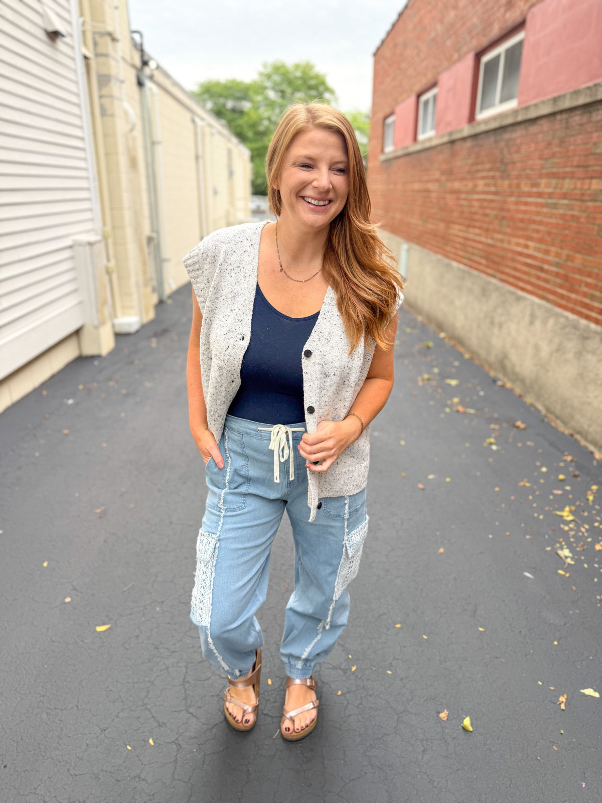 Blue Crochet Patch Joggers