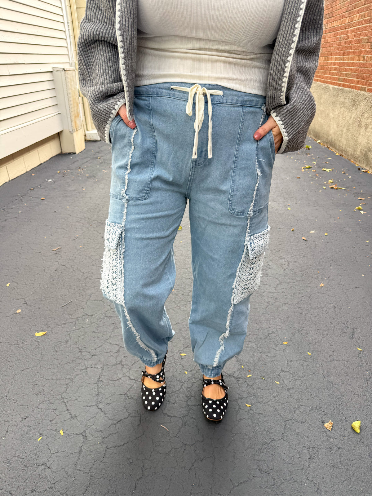 Blue Crochet Patch Joggers