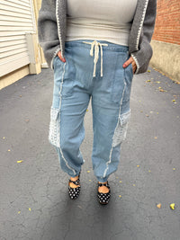 Blue Crochet Patch Joggers