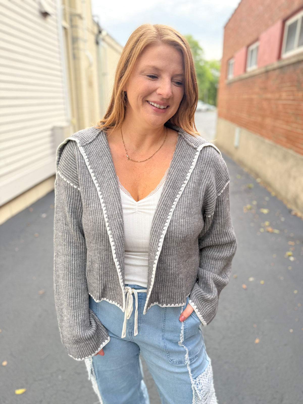 Gray Contrast Stitch Cardigan