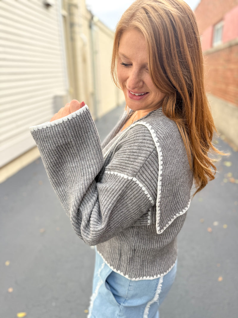 Gray Contrast Stitch Cardigan