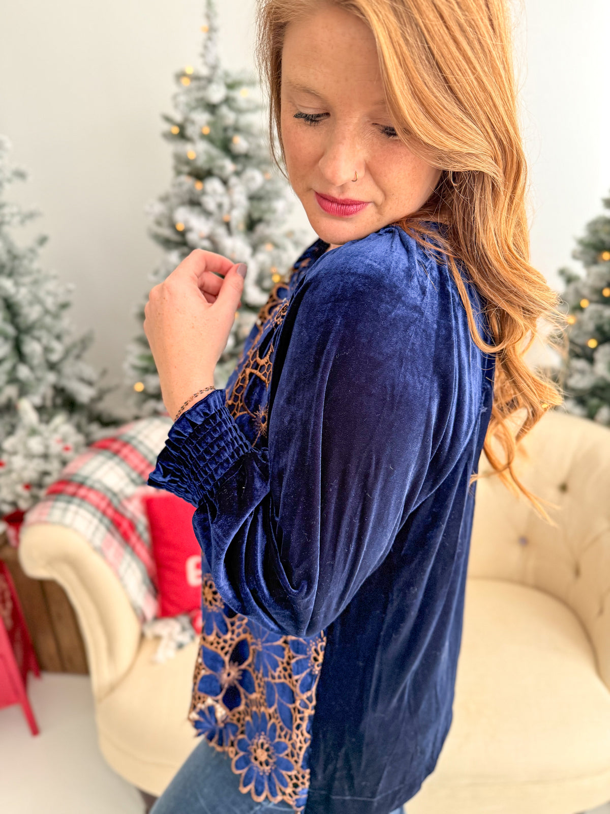 Navy Floral Velvet Top