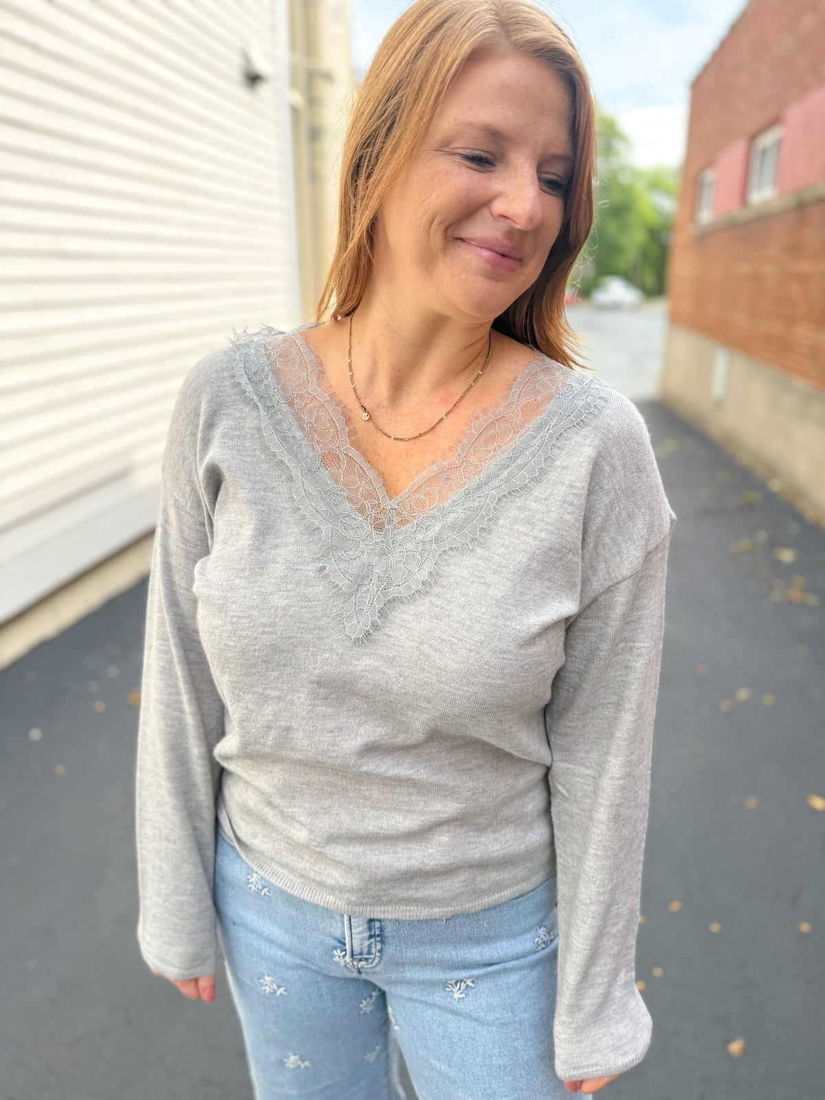 Gray Lace Trim Top