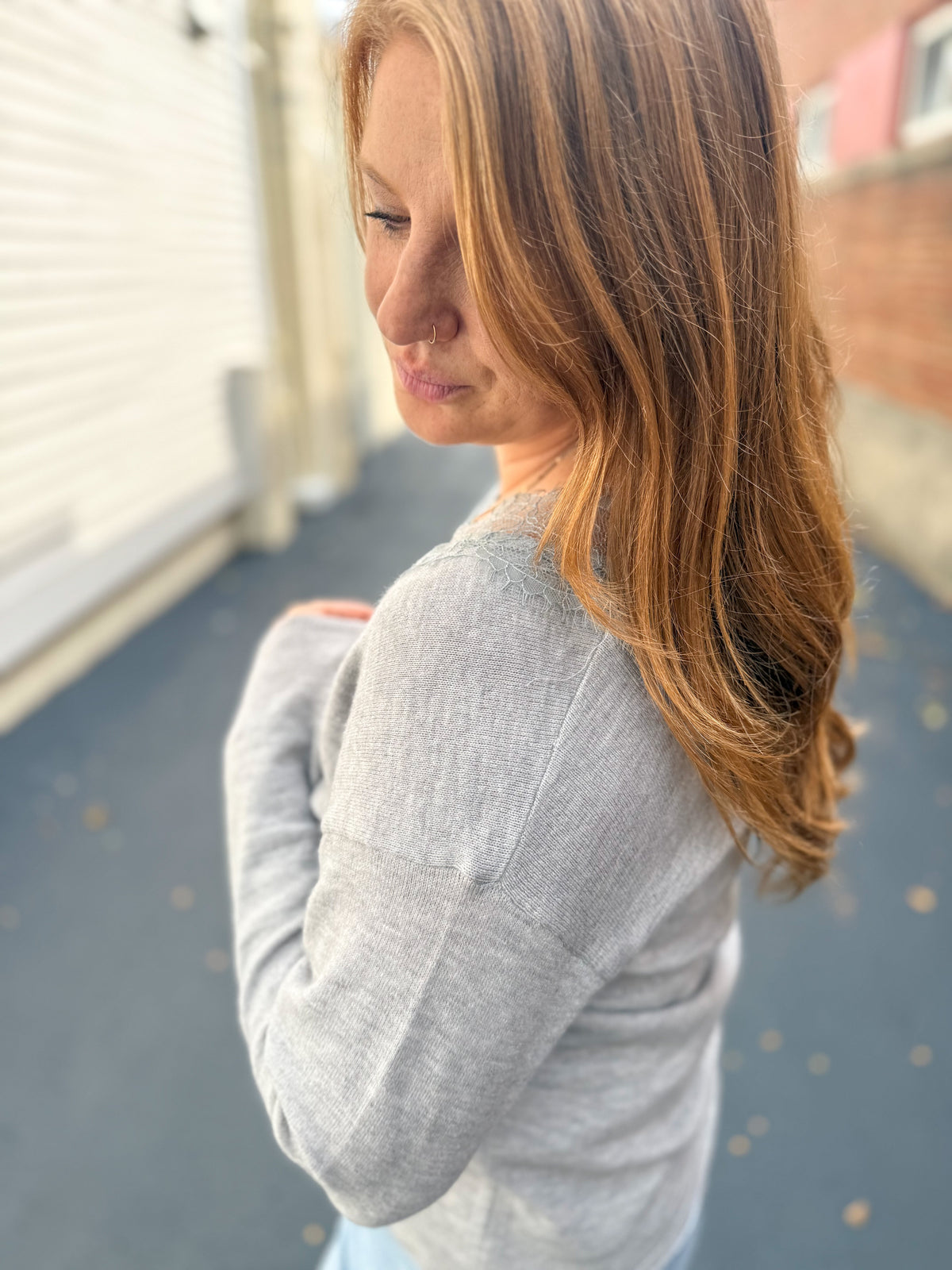 Gray Lace Trim Top