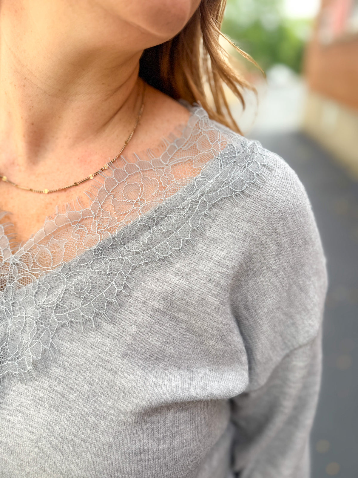 Gray Lace Trim Top