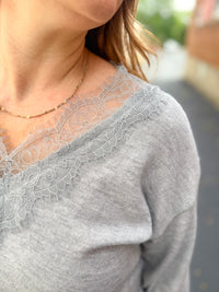 Gray Lace Trim Top