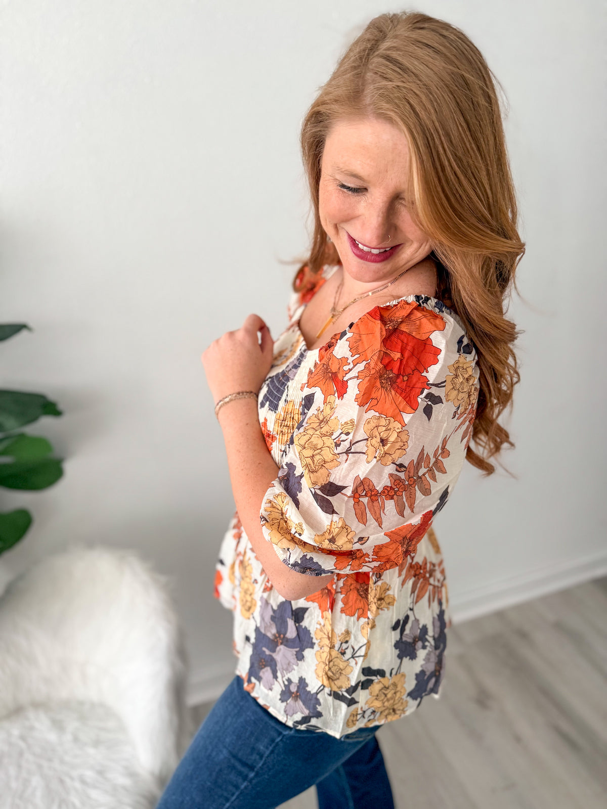 Rust Foliage Peplum Top