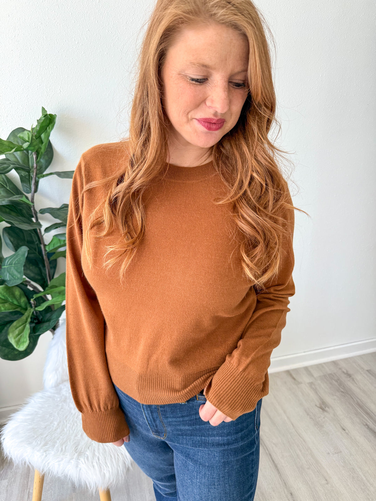 Camel Solid Knit Pullover Sweater