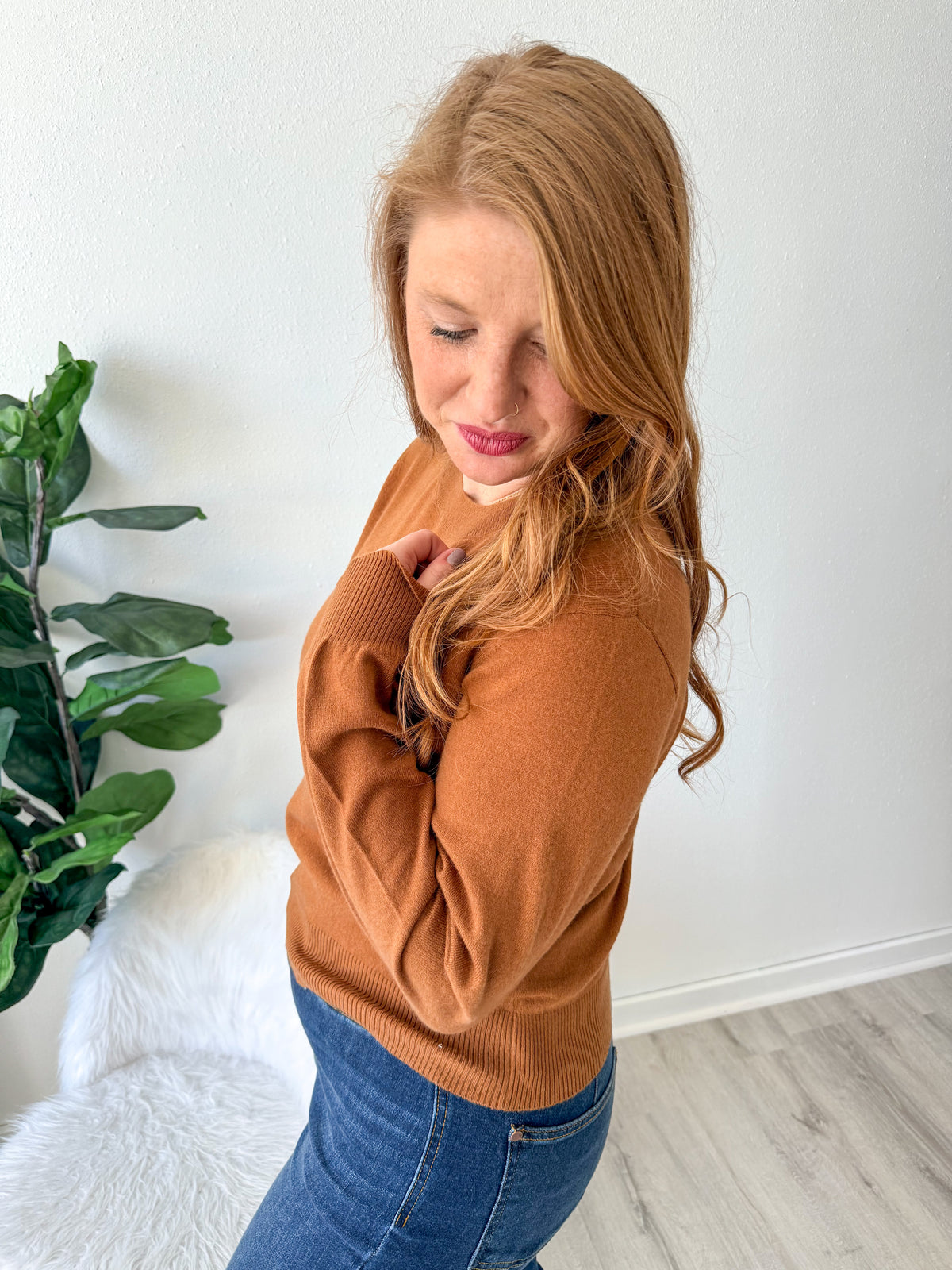 Camel Solid Knit Pullover Sweater