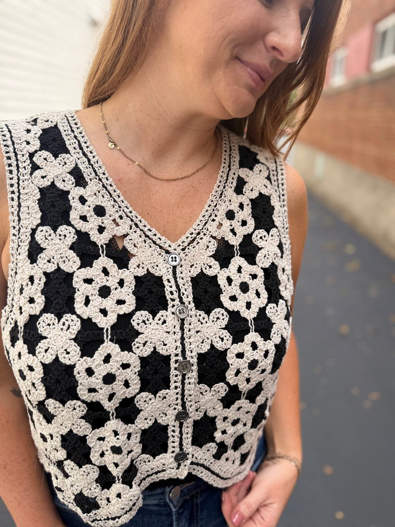 Black Floral Crochet Vest